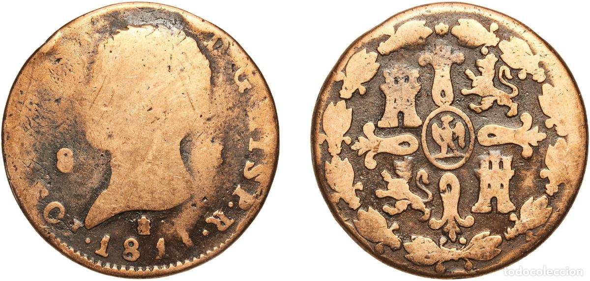 Monedas de Espa&ntilde;a: Spain Kingdom 1811 8 Maravedis - Jose I Bonaparte (Segovia) Copper Segovia Mint 10.94g F Cal 101 Au