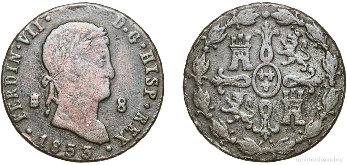 Monedas de Espa&ntilde;a: Spain Kingdom 1833 8 Maravedis - Fernando VII (2nd portrait) Copper Segovia Mint 10.42g VF KM 486.1