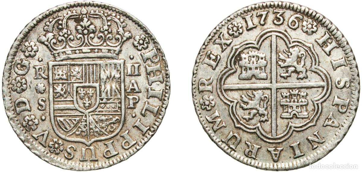 Monedas de Espa&ntilde;a: Spain Kingdom 1736 S PA 2 Reales - Felipe V (Seville,2nd type) Silver (.833) Seville Mint 5.82g XF
