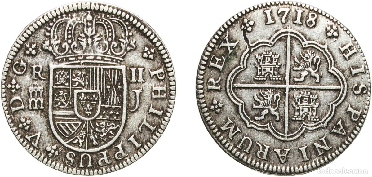Moedas de Espanha: Spain Kingdom 1718 J 2 Reales - Felipe V (Segovia) Silver (.833) Segovia Mint 6.16g XF Cal 1390 Aur