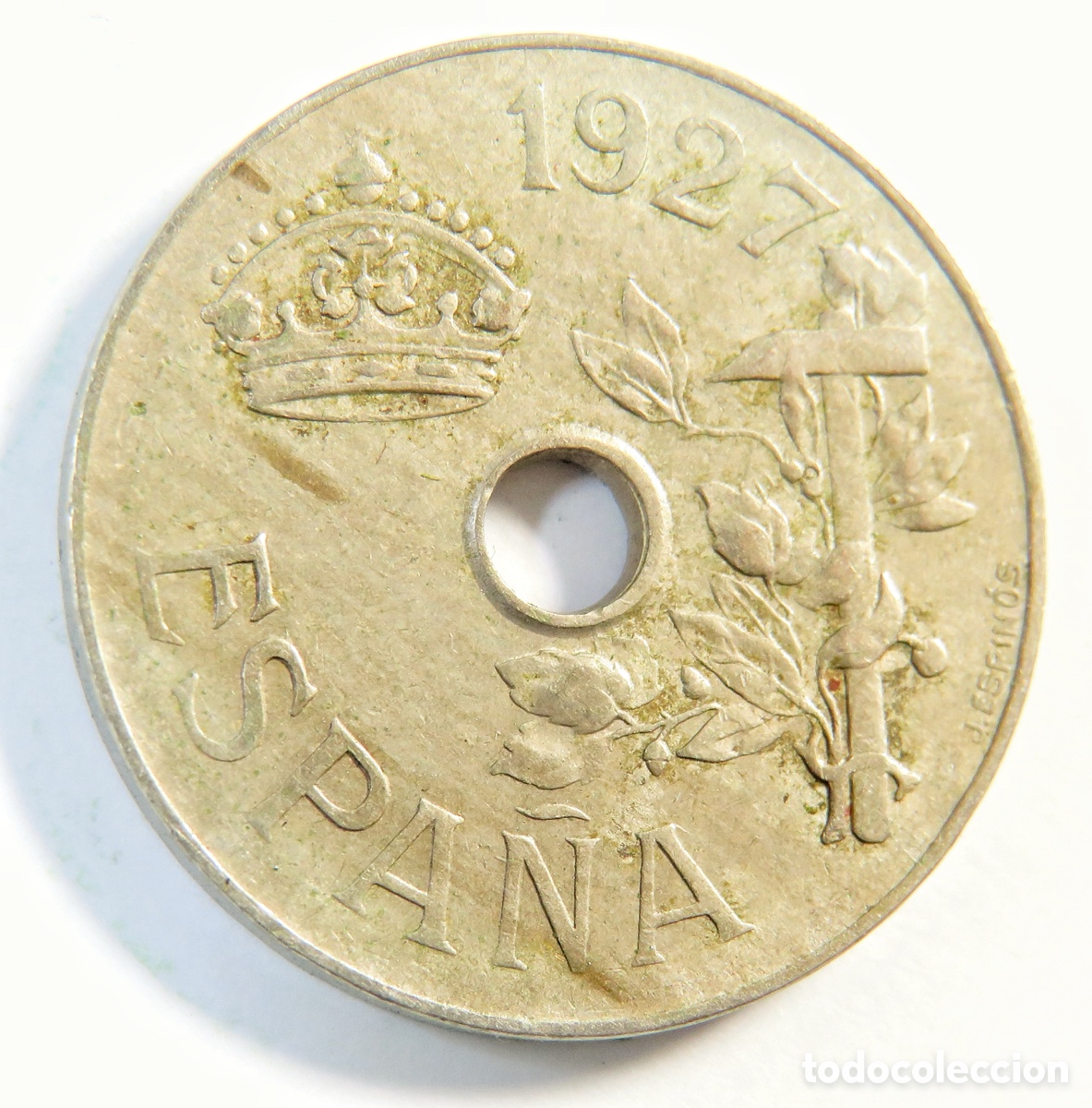 Monedas de Espa&ntilde;a: Moneda de 25 C&eacute;ntimos 1927 Espa&ntilde;a Moneda Agujero Muy Bonita Alfonso XIII