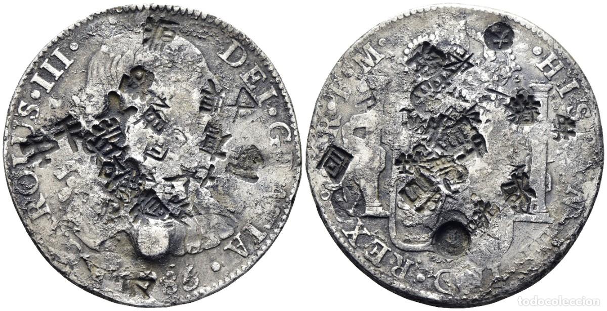 Monedas de Espa&ntilde;a: *** BONITOS 8 REALES DE CARLOS III. 1785. M&Eacute;XICO FM. M&Uacute;LTIPLES RESELLOS ORIENTALES. PLATA ***