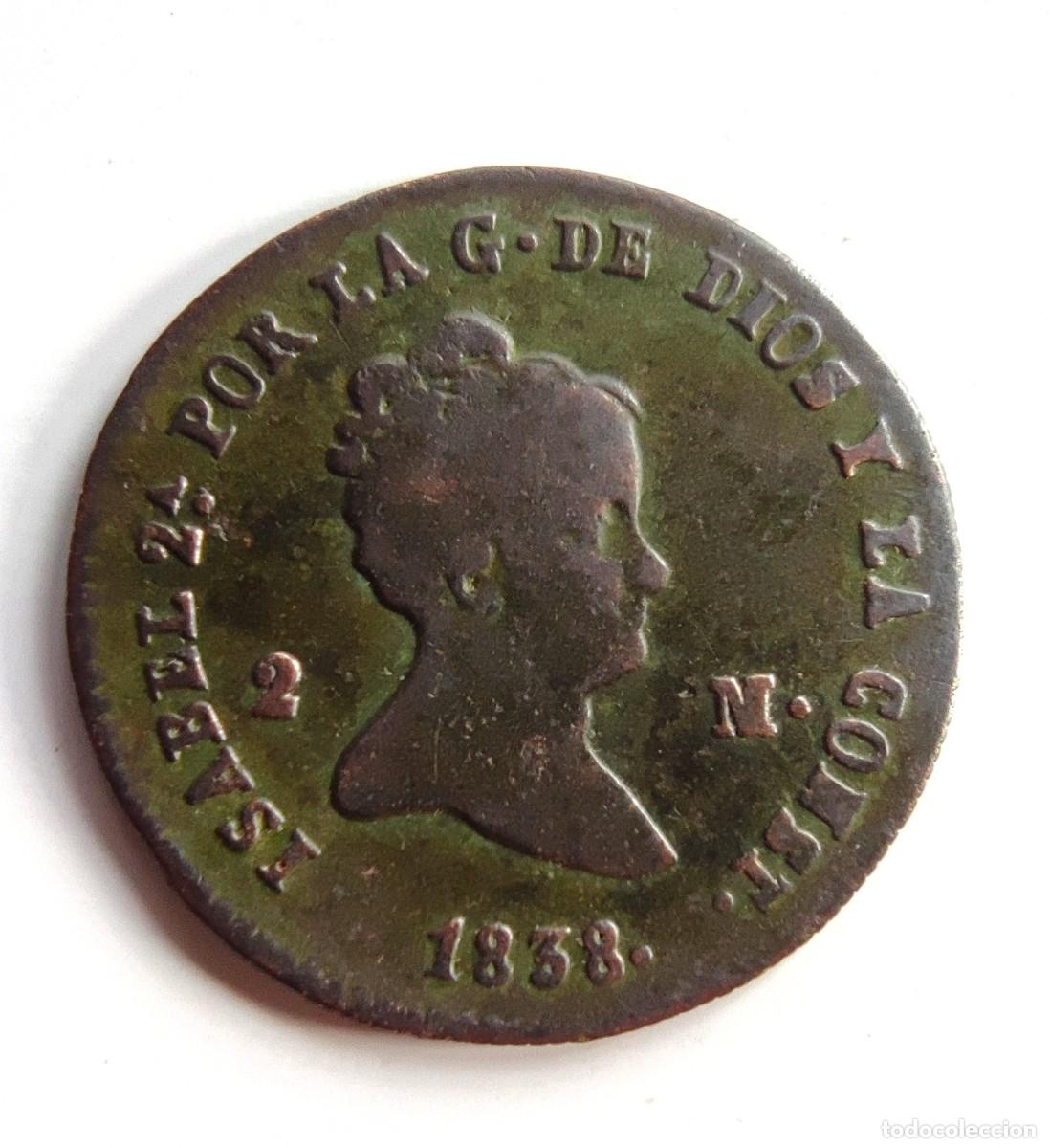 Monedas de Espa&ntilde;a: Isabel II 2 Maraved&iacute;s de Segovia de 1838 Primer a&ntilde;o de acu&ntilde;aci&oacute;n. MBC-
