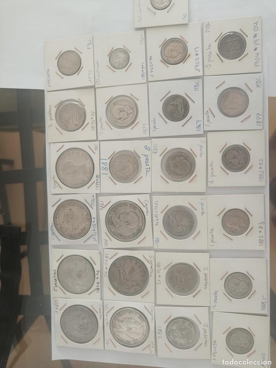 Monedas de Espa&ntilde;a: Colecci&oacute;n monedas de plata. 7 de 5 pesetas, 6 de 2 , 9 de 1 , 2 de 50 c&eacute;ntimos. Apr&oacute;x. 285gr. plata.