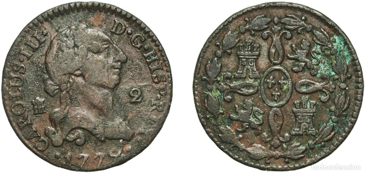 Monedas de Espa&ntilde;a: Spain Kingdom 1772 2 Maravedis - Carlos III Copper Segovia Mint 2.15g VF KM 406.2 Cal 1914 Aureo 34