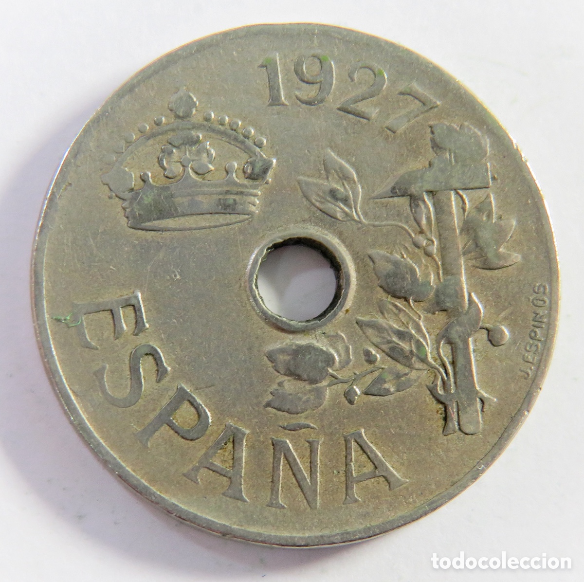 Monedas de Espa&ntilde;a: 25 C&eacute;ntimos 1927 Alfonso XIII MBC Moneda Agujero Espa&ntilde;a Hist&oacute;rica