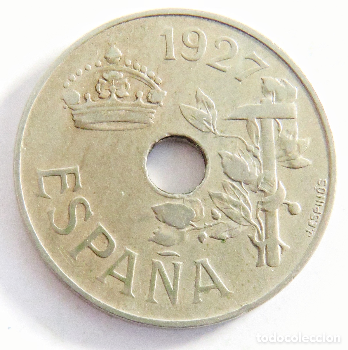 Moedas de Espanha: 25 C&eacute;ntimos 1927 Espa&ntilde;a Moneda Agujero MBC+ Muy Bonita