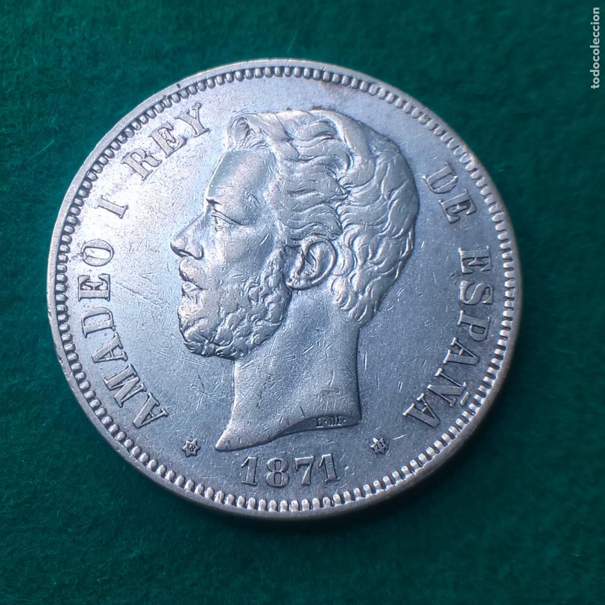 Moedas de Espanha: Antigua moneda de Plata de 5 Pesetas - Amadeo I. A&ntilde;o 1871. Plata de Ley 900 Mil&eacute;simas. - BC - 1 duro