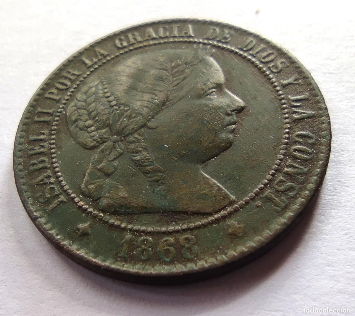 Monedas de Espa&ntilde;a: Isabel II 2 y 1/2 c&eacute;ntimos de escudo de Jubia de 1868 &Uacute;ltimo a&ntilde;o de emisi&oacute;n MBC-
