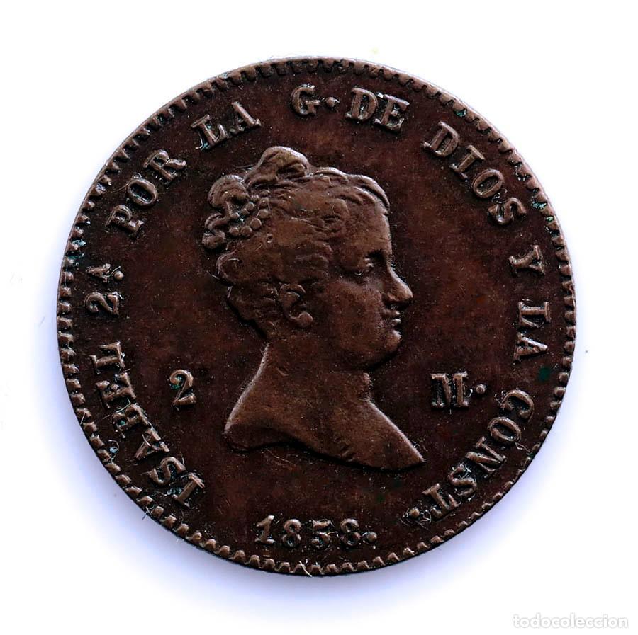 Monedas de Espa&ntilde;a: SC-Spain-Isabel II. 2 Maraved&iacute;s. 1858 BARCELONA. MBC+/VF+. Cobre 2,7g. ESCASA