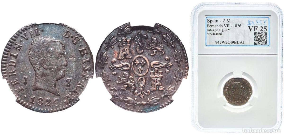 Monedas de Espa&ntilde;a: Spain Kingdom 1826 J 2 Maravedis - Ferdinand VII (Jubia; 3rd portrait) Copper Jubia Mint 2.71g XF C
