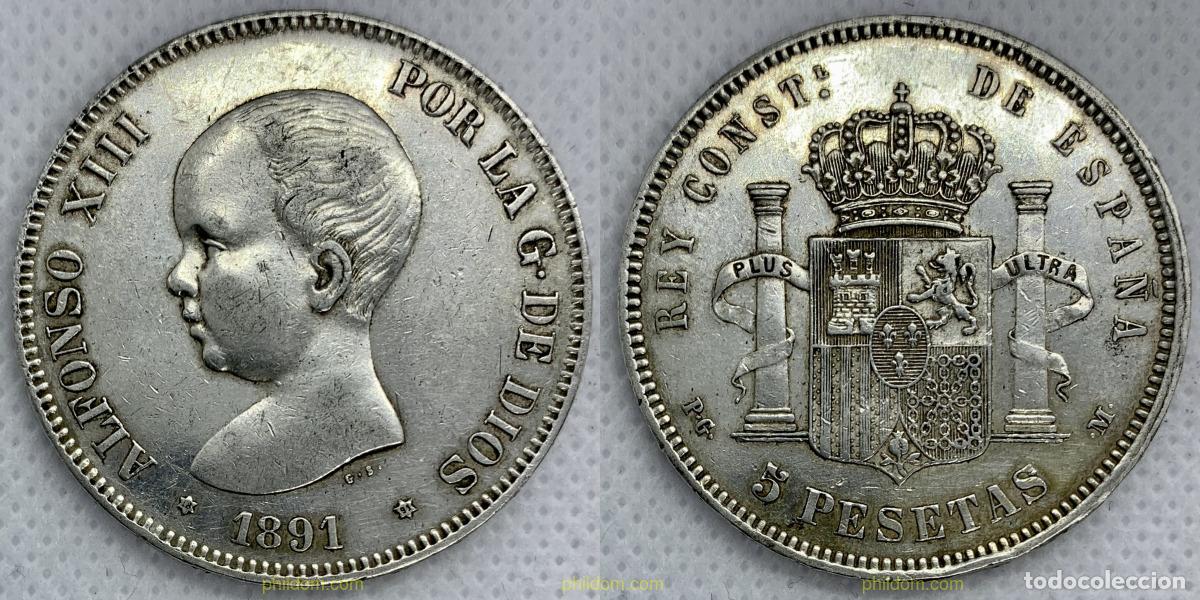 Monedas de Espa&ntilde;a: 2483 ESPA&Ntilde;A 1891 ALFONSO XIII 5 PESETAS 1891 PG M