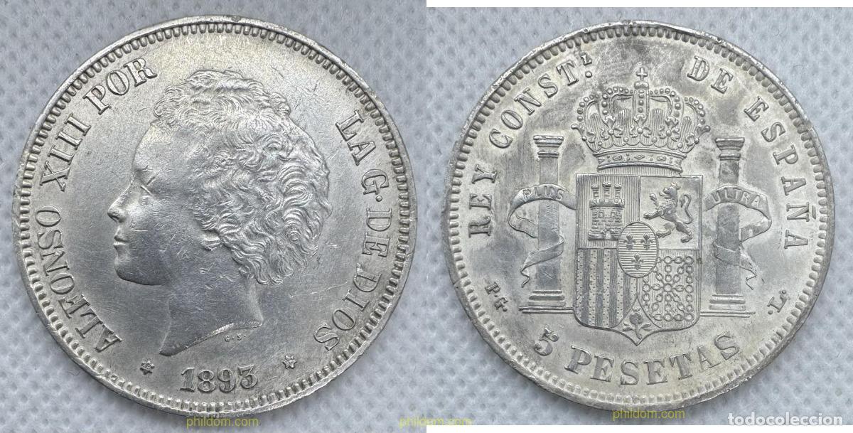 Monedas de Espa&ntilde;a: 5190 ESPA&Ntilde;A 1893 5 PESETAS ALFONSO XIII 1893 18-93 PG L