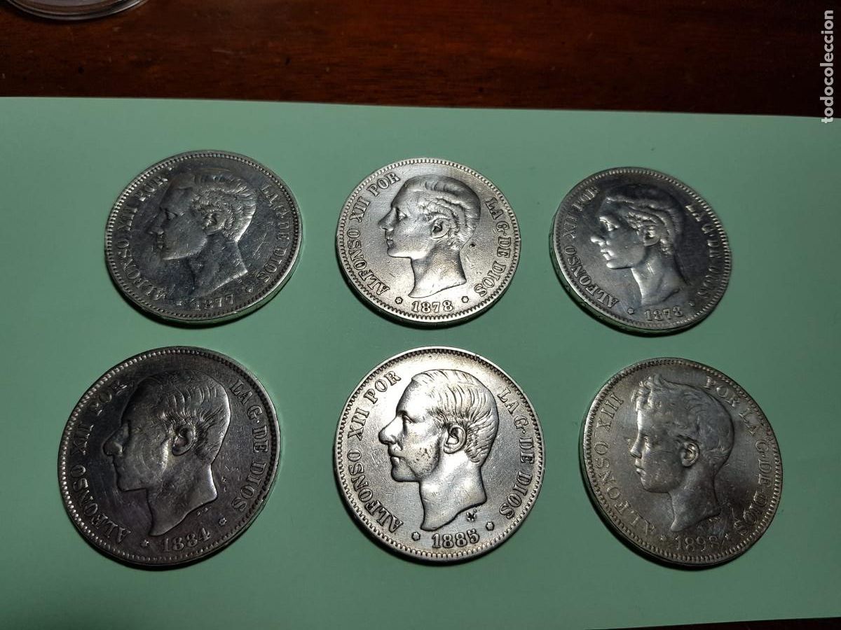 Monedas de Espa&ntilde;a: ESPA&Ntilde;A-LOTE DE 6 MONEDAS DE 5 PESETAS-PLATA-ALFONSO XII-1877/1878(2 MONEDAS)1884/1885-ALFONSO XIII-1