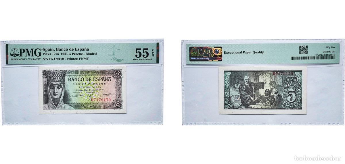 Monedas de Espa&ntilde;a: Spain Kingdom 1943 5 Pesetas - Madrid Paper (107690000) PMG About Uncirculated 55 EPQ P 127a
