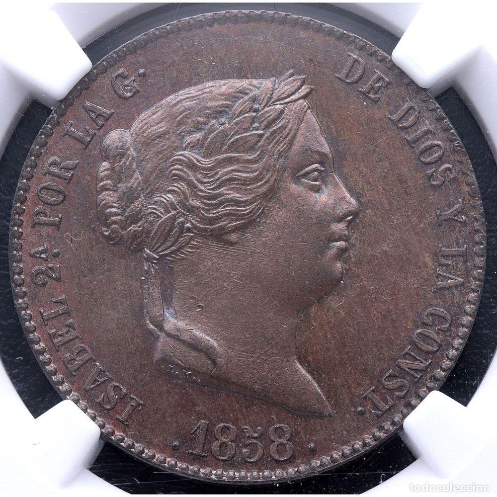 Monedas de Espa&ntilde;a: ISABEL II. 25 C&Eacute;NTIMOS DE REAL 1858 SEGOVIA. NGC MS 64 BN. SIN CIRCULAR-. SC-