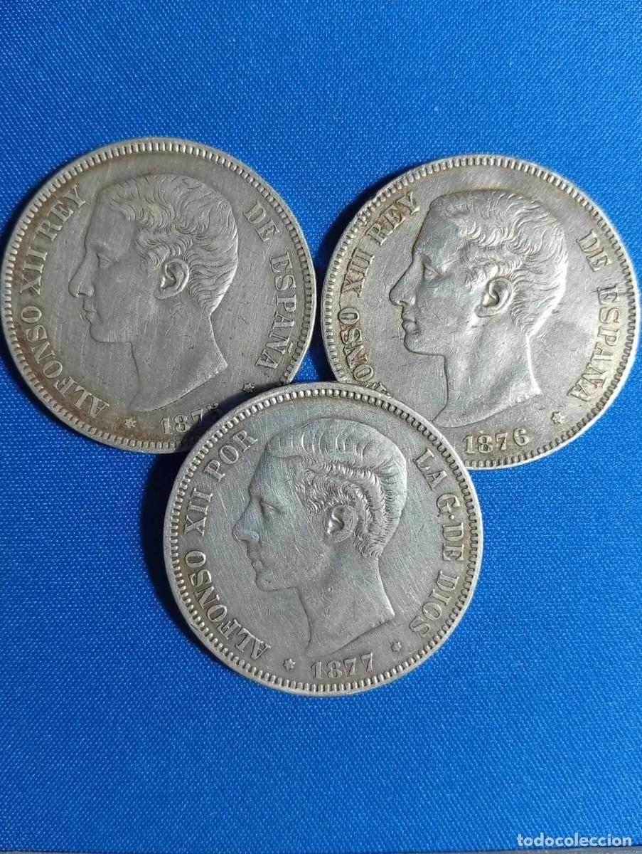 Monedas de Espa&ntilde;a: 3 Monedas plata 900 de 5 ptas. Alfonso XII 1875 - 76 - 77
