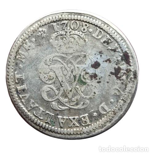 Monedas de Espa&ntilde;a: Felipe V. Segovia. 2 reales 1708 sobre 7. Anagrama. Rara sobrefecha. Ag