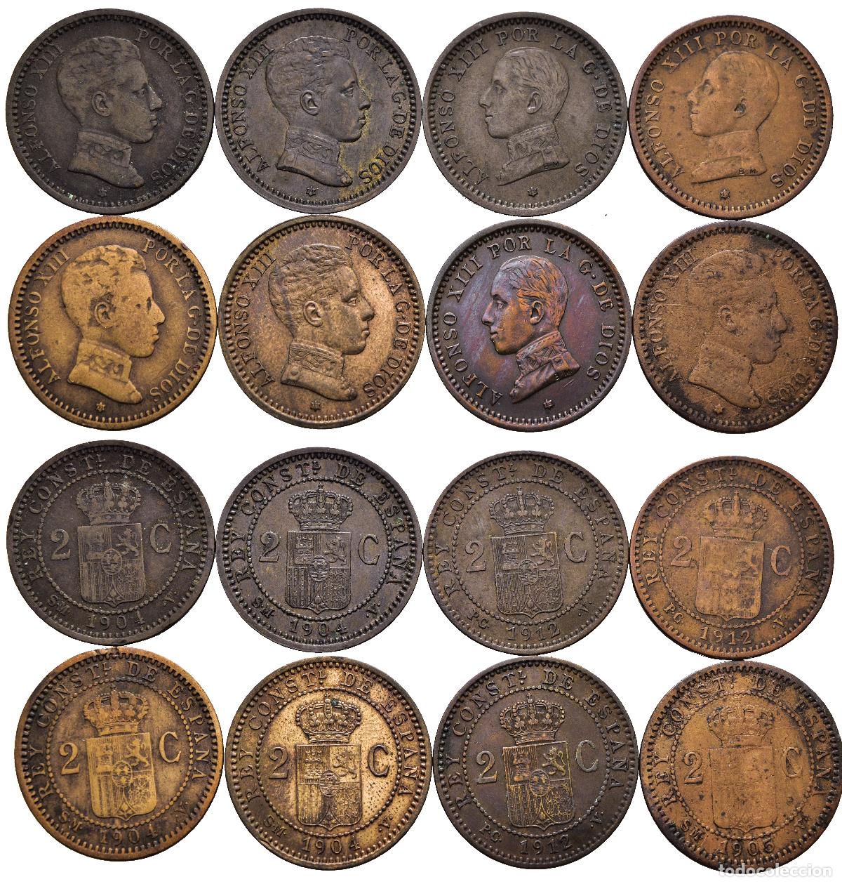 Monedas de Espa&ntilde;a: *** LOTE X 8 MONEDAS DE 2 C&Eacute;NTIMOS DE ALFONSO XIII. 1904 *04 Y 1912 *12 MADRID ***
