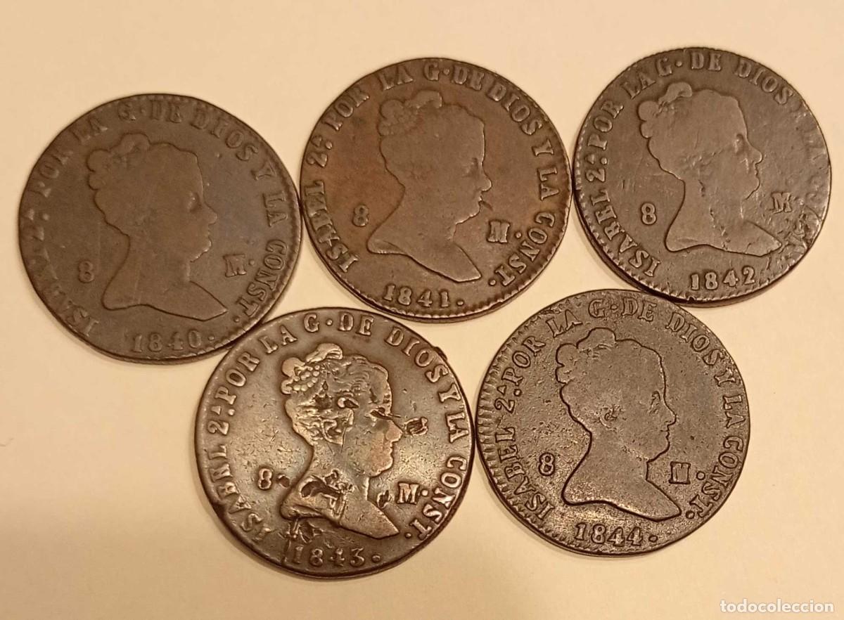 Monedas de Espa&ntilde;a: Lote. ISABEL II. 5 PIEZAS DE 8 MARAVED&Iacute;S. A&ntilde;os contiguos