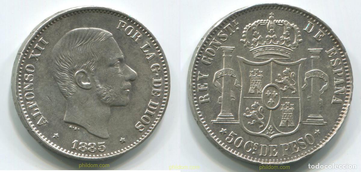 Monedas de Espa&ntilde;a: 734 ESPA&Ntilde;A 1885 50 CENTAVOS DE PESO 1885 ALFONSO XII