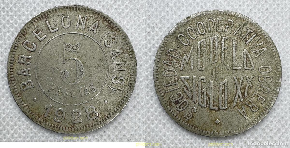 Monedas de Espa&ntilde;a: 5402 ESPA&Ntilde;A 1928 5 PESETAS BARCELONA SANS SOCIEDAD COOPERATIVA OBRERA - MODELO SIGLO XX 1928