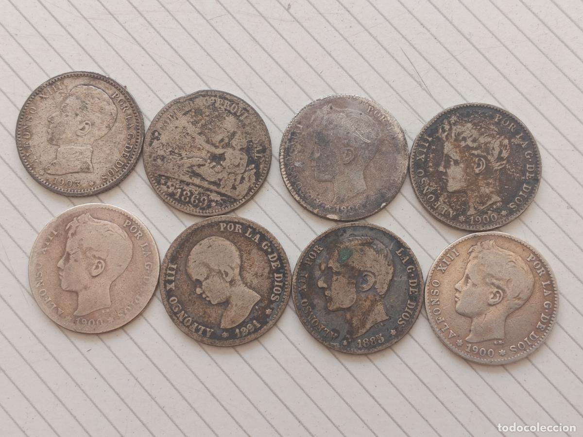 Monedas de Espa&ntilde;a: 8 monedas de una peseta de plata originales y antiguas