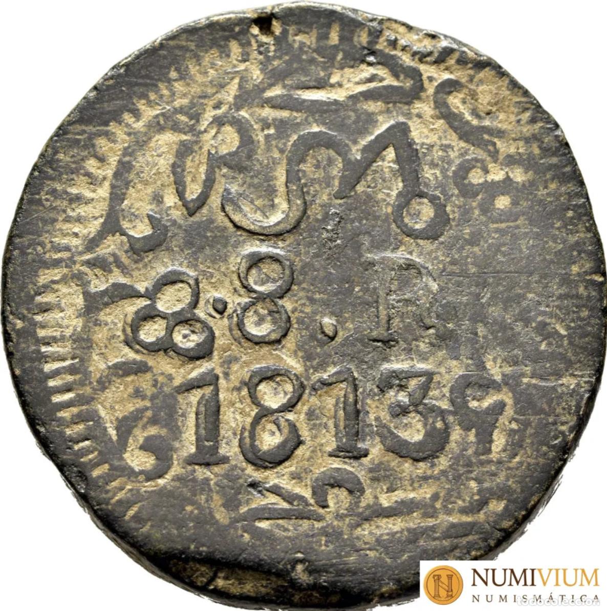 Monedas de Espa&ntilde;a: FERNANDO VII. 8 reales Morelos. 1813. Cobre. Variante con adornos.