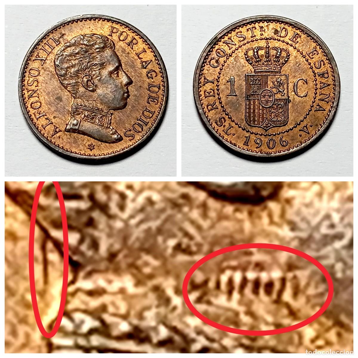 Monedas de Espa&ntilde;a: ⚜️ BBE8 1. 1 c&eacute;ntimo 1906 *6 SL V. Cuello rayado. UNC-