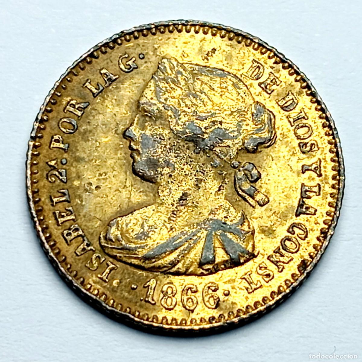 Monedas de Espa&ntilde;a: ⚜️ BBE7 9. Falsa de &eacute;poca metal dorado. Isabel II. Madrid. 4 escudos 1866. 2,08 g. Barrera 844 var.