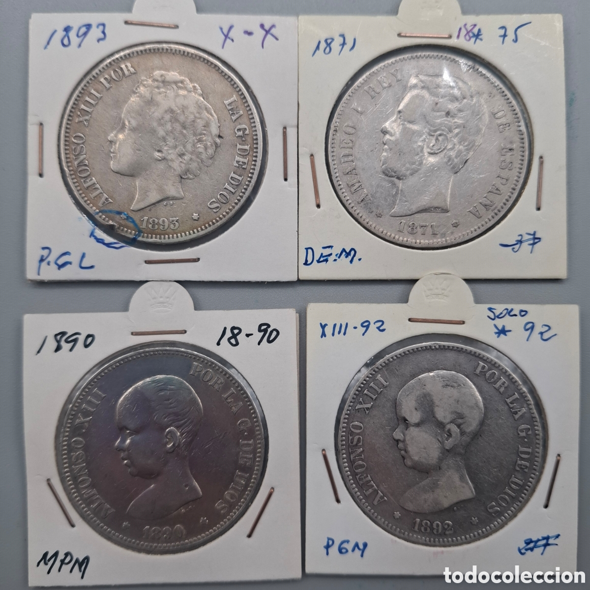 Monedas de Espa&ntilde;a: LOTE 4 MONEDAS PLATA. DUROS 5 PESETAS ALFONSO III Y AMADEO I. SIN GOLPES VISIBLES