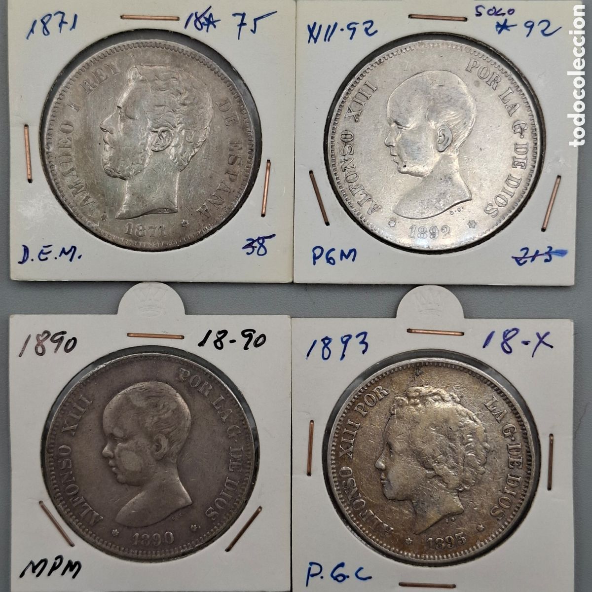 Monedas de Espa&ntilde;a: LOTE 4 MONEDAS PLATA. DUROS 5 PESETAS AMADEO I - ALFONSO XIII. SIN GOLPES VISIBLES.