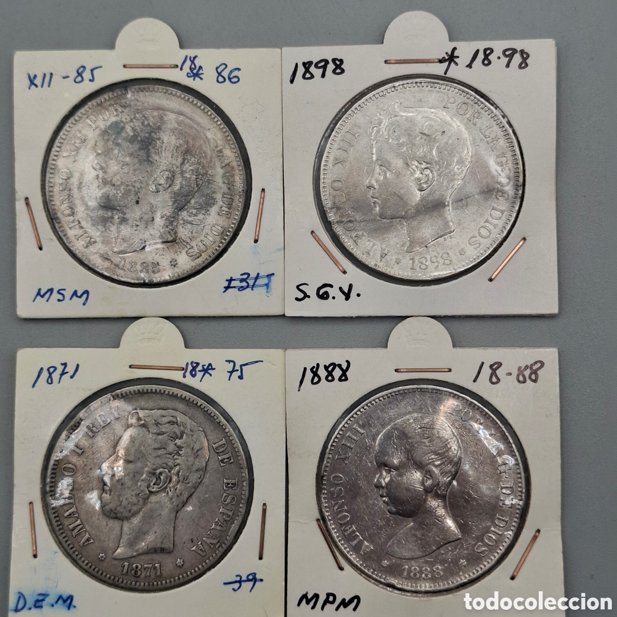Monedas de Espa&ntilde;a: LOTE 4 MONEDAS PLATA. DUROS 5 PESETAS. AMADEO I, ALFONSO XII y XIII. SIN GOLPES VISIBLES