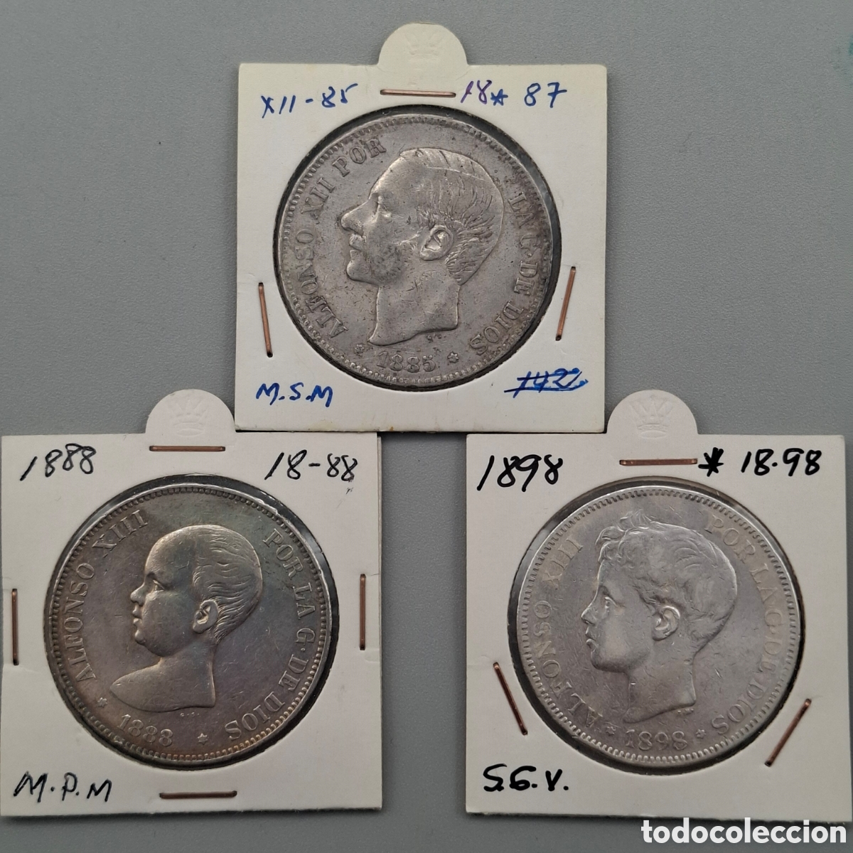 Monedas de Espa&ntilde;a: LOTE 3 MONEDAS PLATA. DUROS 5 PESETAS ALFONSO XII Y XIII. SIN GOLPES VISIBLES