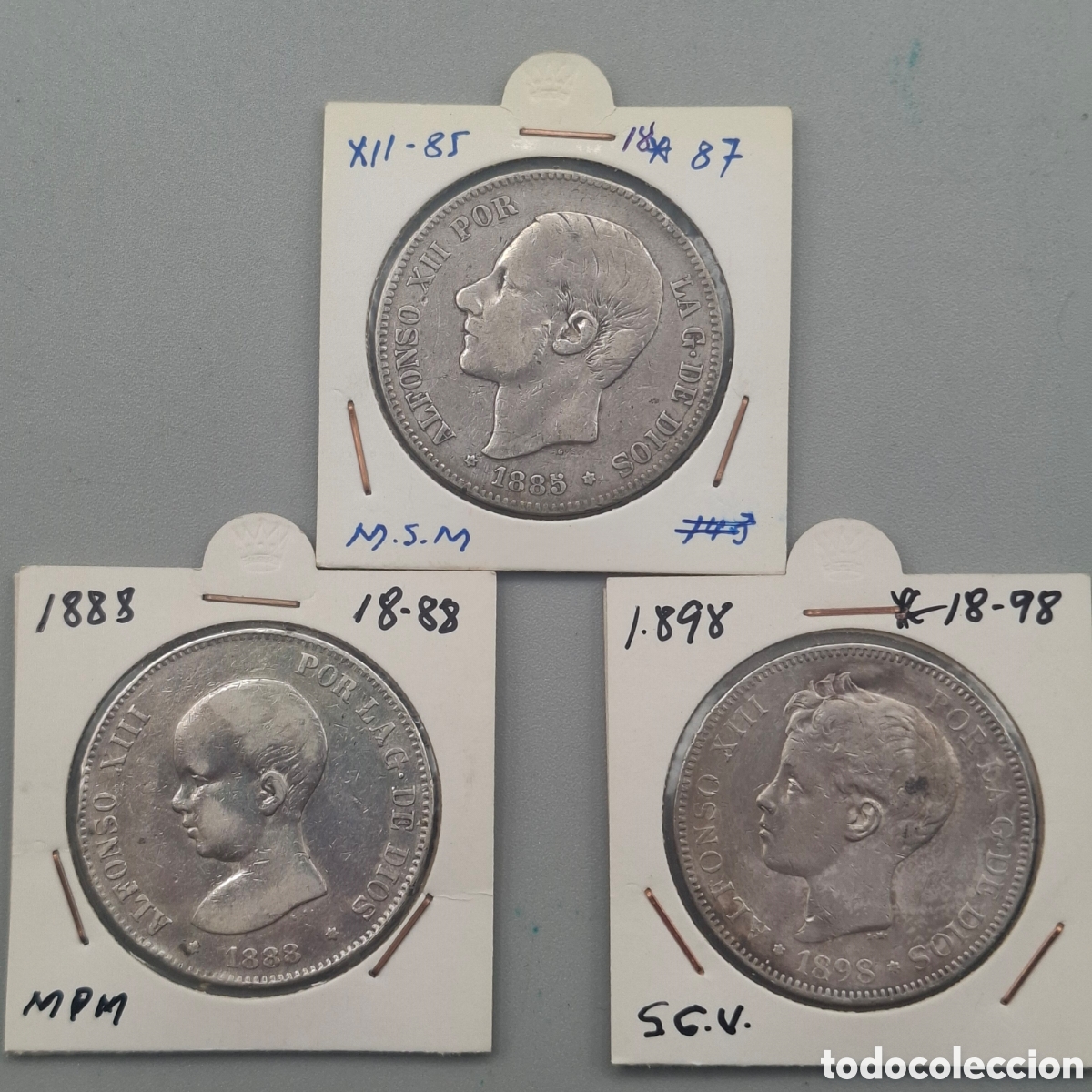 Monedas de Espa&ntilde;a: LOTE 3 MONEDAS PLATA. DUROS 5 PESETAS. ALFONSO XII Y XIII. SIN GOLPES VISIBLES.