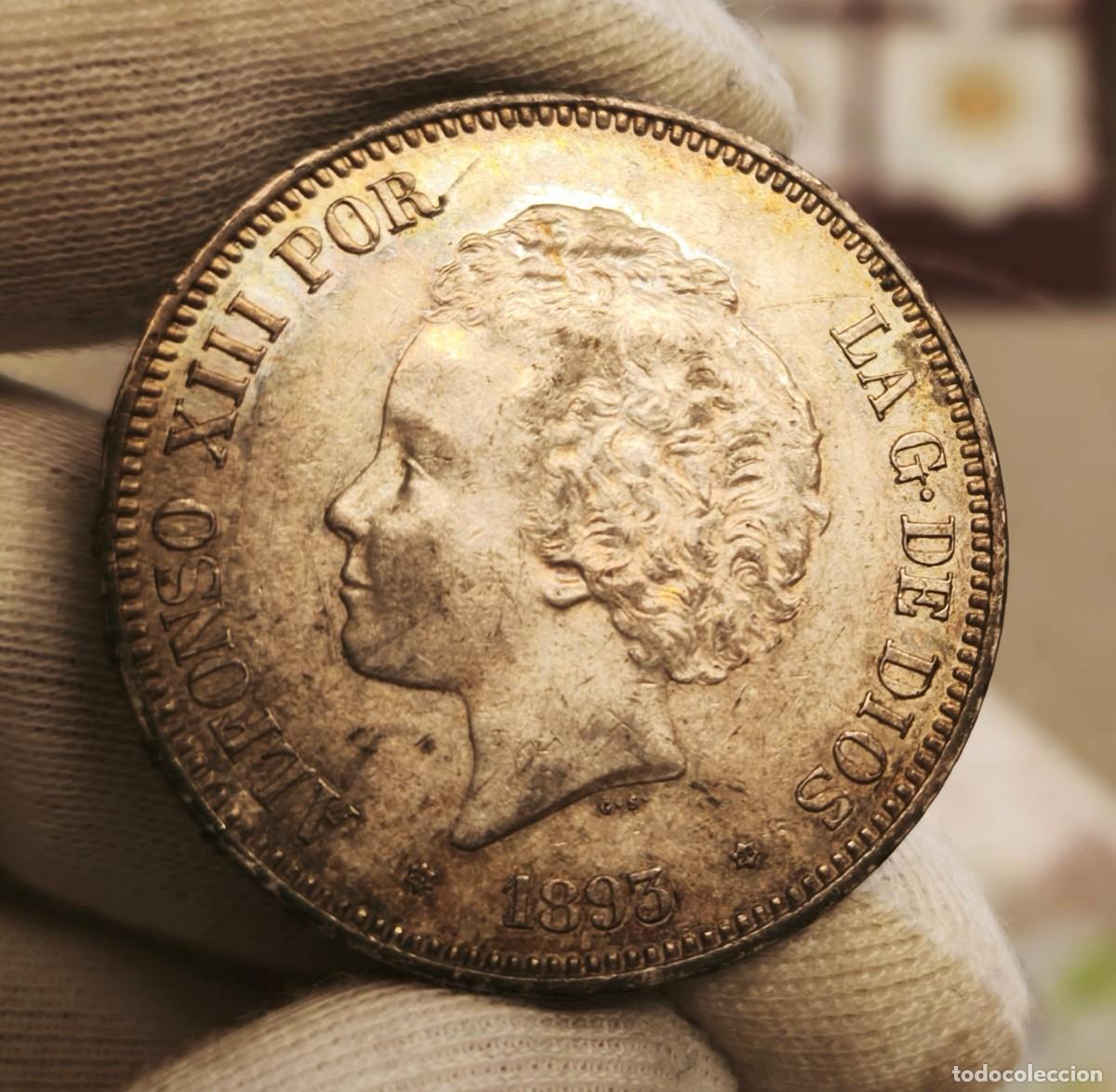 Monedas de Espa&ntilde;a: Espa&ntilde;a Duro 5 Pesetas Alfonso XIII 1893 *93 PGL Km 700 Plata Ebc Xf