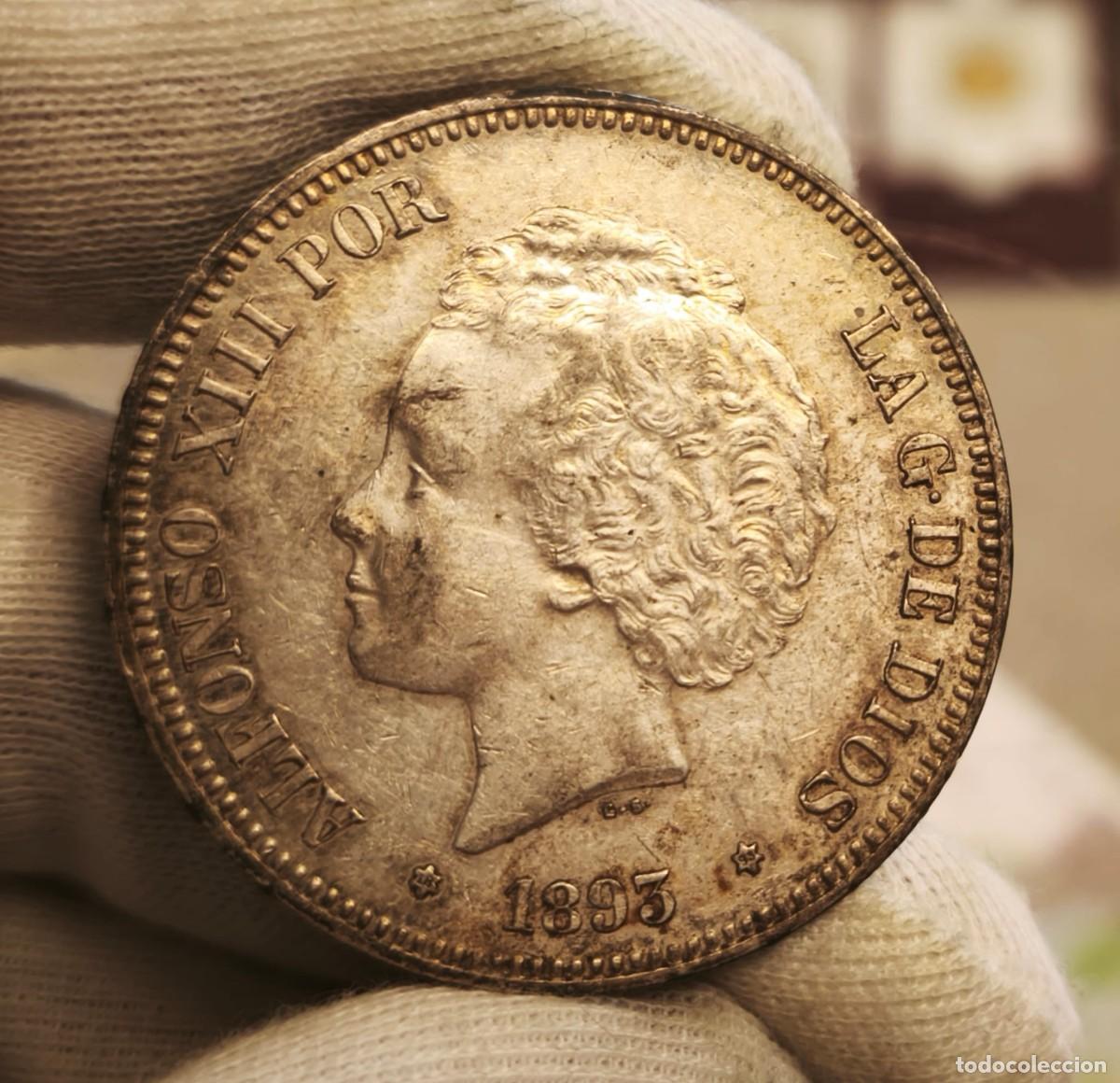Monedas de Espa&ntilde;a: Espa&ntilde;a Duro 5 Pesetas Alfonso XIII 1893 *93 PGL Km 700 Plata Ebc Xf