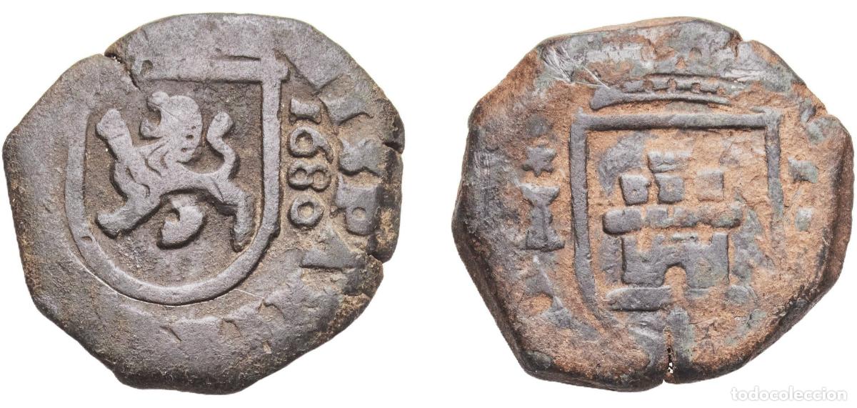Monedas de Espa&ntilde;a: Spain Kingdom 1680 C 2 Maravedis - Carlos II Copper Cuenca Mint 5.77g VF KM 5.3 Cal 873 Aureo 60