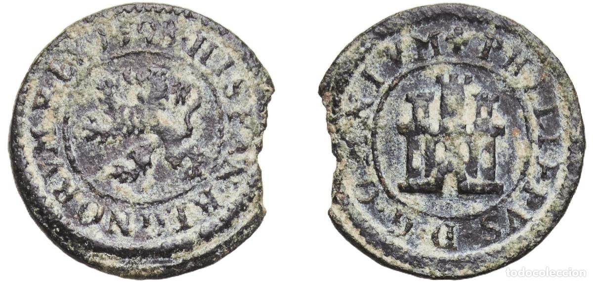 Monedas de Espa&ntilde;a: Spain Kingdom 1598 1 Maravedi - Felipe II Billon (.003 silver) Segovia Mint 1.8g VF Cal 870 Aureo 8
