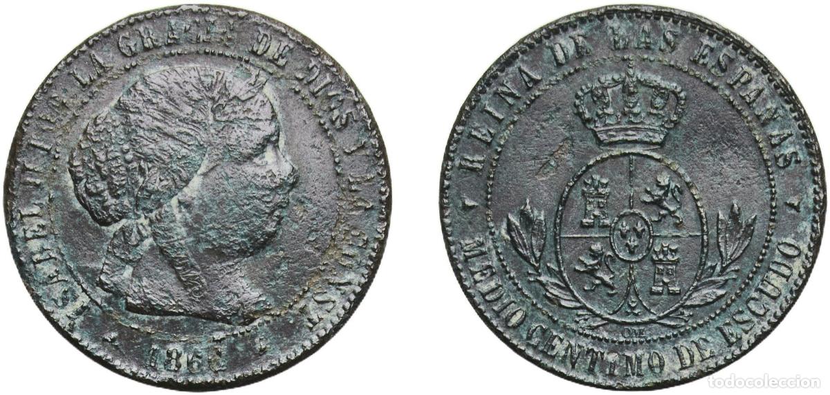 Monedas de Espa&ntilde;a: Spain Kingdom 1866 OM &frac12; Centimo de Escudo - Isabel II Bronze Segovia Mint 1.09g VF KM 632.4 Cal 676