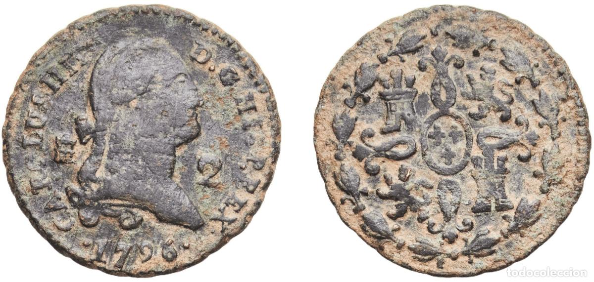 Monedas de Espa&ntilde;a: Spain Kingdom 1796 2 Maravedis - Carlos IV Copper Segovia Mint 2.46g VF Cal 1529 Aureo 31