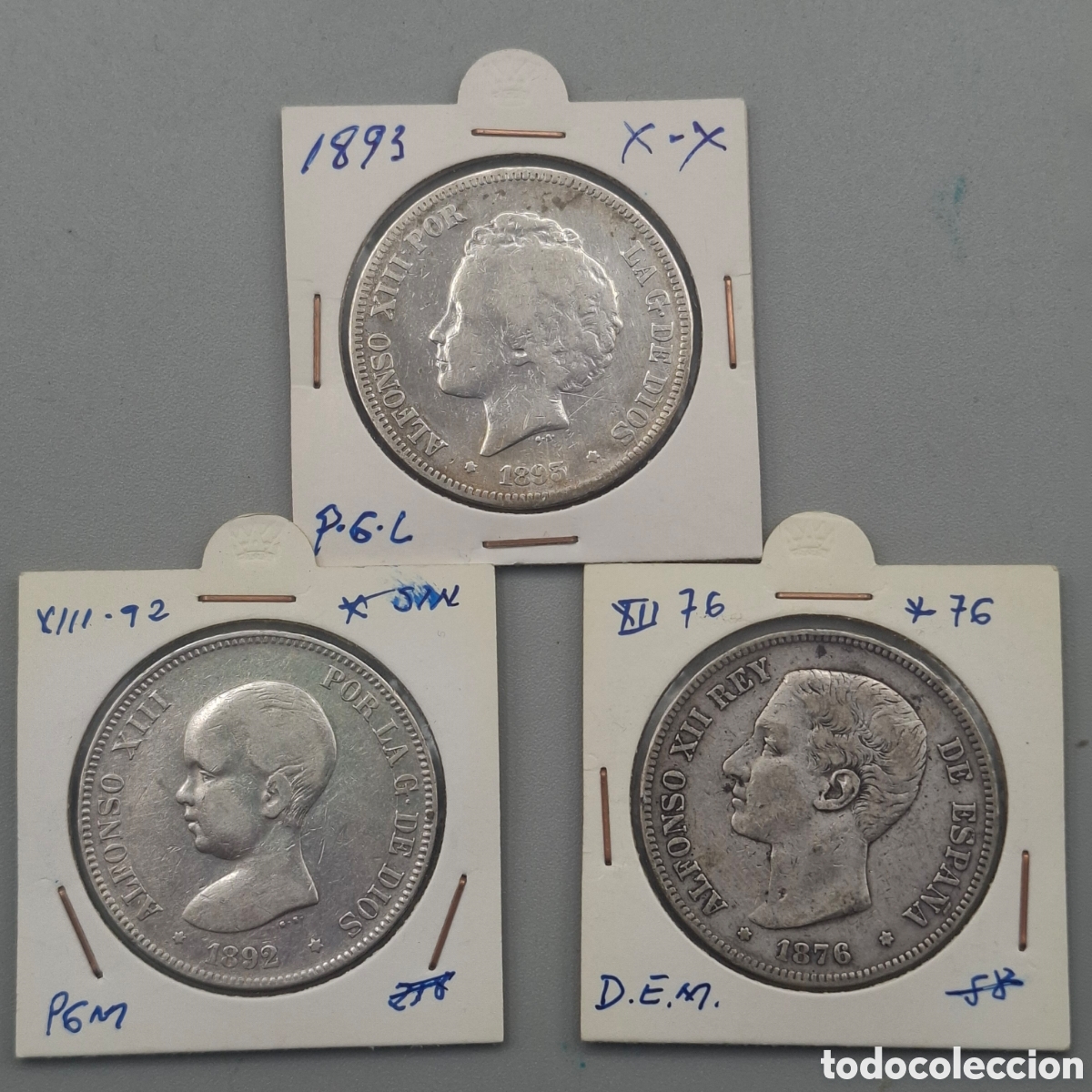 Monedas de Espa&ntilde;a: LOTE 3 MONEDAS PLATA. DUROS 5 PESETAS. ALFONSO XII y XIII.