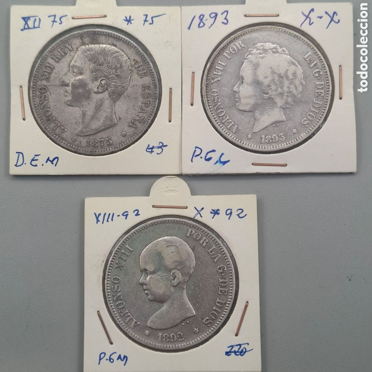 Monedas de Espa&ntilde;a: LOTE 3 MONEDAS PLATA. DUROS 5 PESETAS. ALFONSO XII y XIII.