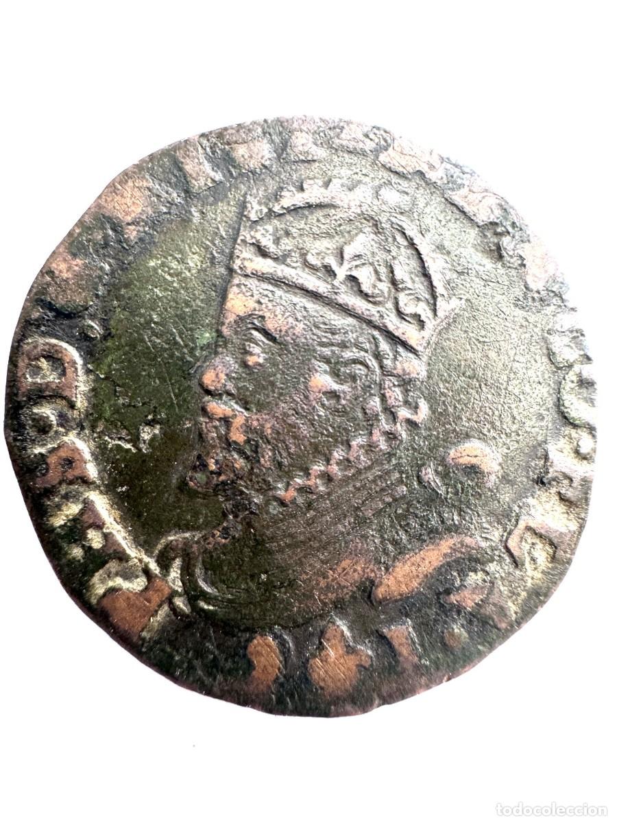 Monedas de Espa&ntilde;a: Felipe II. Paises Bajos Espa&ntilde;oles Liard 1591 Brujas. Ae MBC/VF Escaso