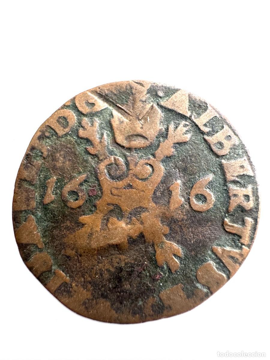 Monedas de Espa&ntilde;a: Pa&iacute;ses Bajos Espa&ntilde;oles. Alberto e Isabel 6 Mites &oacute; Medio Liard 1616 Amberes Ae MBC-
