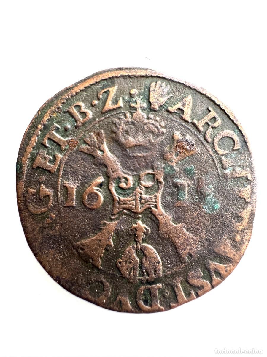 Monedas de Espa&ntilde;a: Pa&iacute;ses Bajos Espa&ntilde;oles. Alberto e Isabel 6 Mites &oacute; Medio Liard 1615 Amberes Ae MBC-