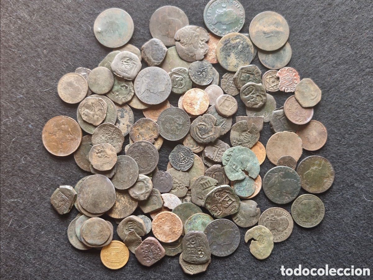 Monedas de Espa&ntilde;a: Lote monedas varias epocas unas 120 570gr maraved&iacute;s blancas resellos