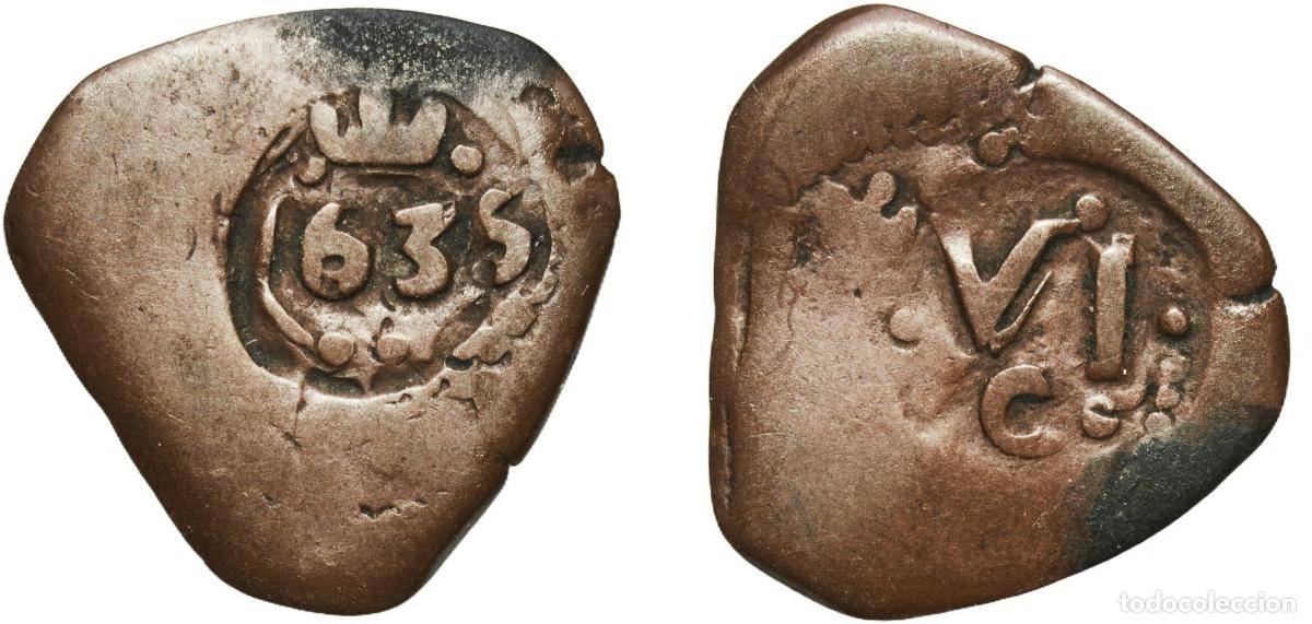 Monedas de Espa&ntilde;a: Spain Kingdom 1636 C 6 Maravedis - Felipe IV (countermark) Copper Cuenca Mint 2.75g VF