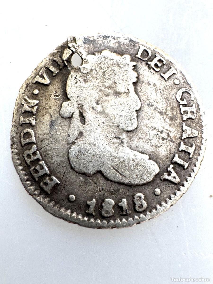 Monedas de Espa&ntilde;a: Fernando VII Medio Real 1818 Potos&iacute; PJ Peque&ntilde;a perforaci&oacute;n a las 11 Ag MBC-
