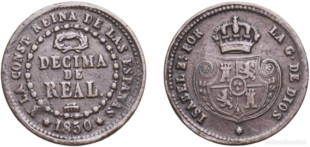 Monedas de Espa&ntilde;a: Spain Kingdom 1850 1 Decima de Real - Isabel II Copper Segovia Mint 3.49g XF Cal 581 Aureo 141